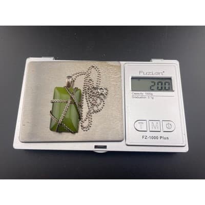 RMN Green Cat's Eye Glass Pendant Necklace Sterling Chain Chatoyant - Thumbnail 10