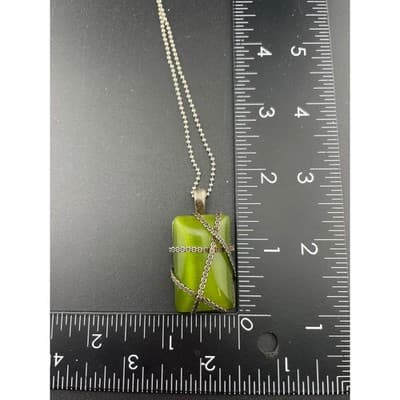 RMN Green Cat's Eye Glass Pendant Necklace Sterling Chain Chatoyant - Thumbnail 11