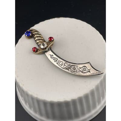 Vintage Sterling Silver Sword Brooch Curved Dagger Scimitar Rhinestone Hilt Pin - Thumbnail 2