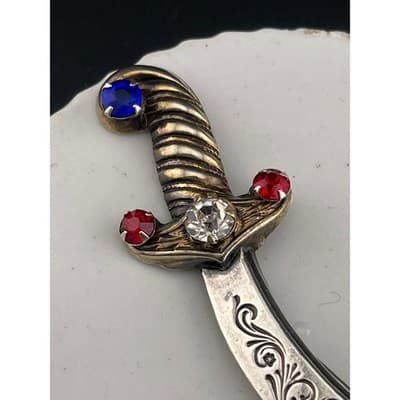Vintage Sterling Silver Sword Brooch Curved Dagger Scimitar Rhinestone Hilt Pin - Thumbnail 3