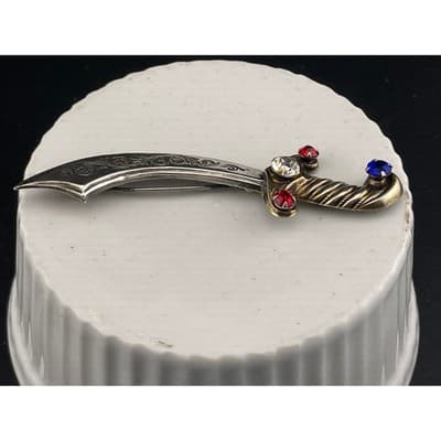 Vintage Sterling Silver Sword Brooch Curved Dagger Scimitar Rhinestone Hilt Pin - Thumbnail 5