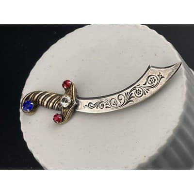 Vintage Sterling Silver Sword Brooch Curved Dagger Scimitar Rhinestone Hilt Pin - Thumbnail 6