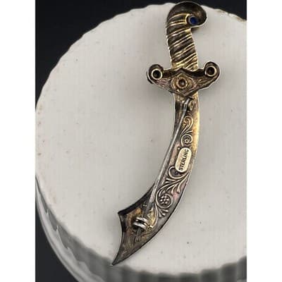 Vintage Sterling Silver Sword Brooch Curved Dagger Scimitar Rhinestone Hilt Pin - Thumbnail 7