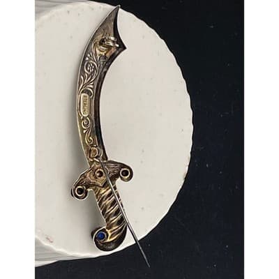 Vintage Sterling Silver Sword Brooch Curved Dagger Scimitar Rhinestone Hilt Pin - Thumbnail 9