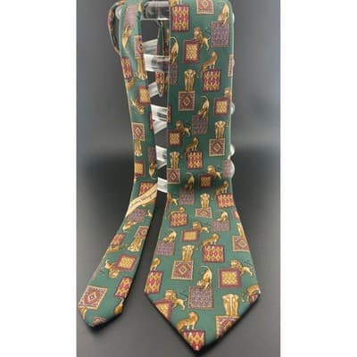 Salvatore Ferragamo Silk Tie Green Animal Print Lions Elephant Geometric Italy - Thumbnail 3
