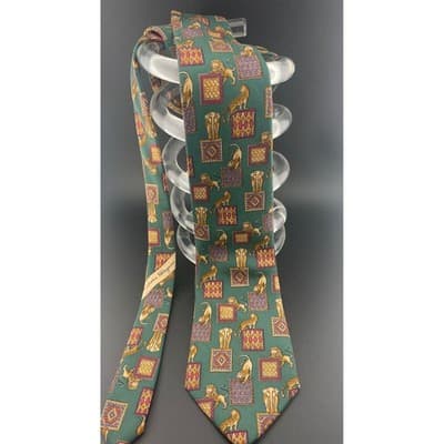 Salvatore Ferragamo Silk Tie Green Animal Print Lions Elephant Geometric Italy - Thumbnail 4