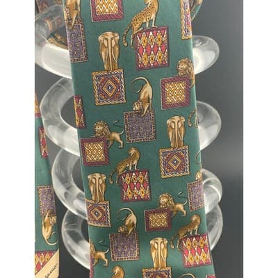 Salvatore Ferragamo Silk Tie Green Animal Print Lions Elephant Geometric Italy - Thumbnail 5