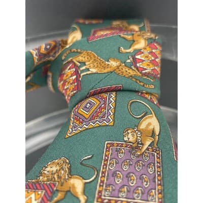 Salvatore Ferragamo Silk Tie Green Animal Print Lions Elephant Geometric Italy - Thumbnail 6