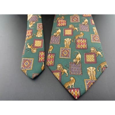 Salvatore Ferragamo Silk Tie Green Animal Print Lions Elephant Geometric Italy - Thumbnail 7