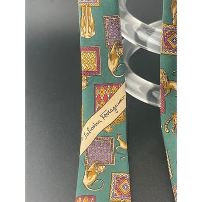 Salvatore Ferragamo Silk Tie Green Animal Print Lions Elephant Geometric Italy - Thumbnail 8