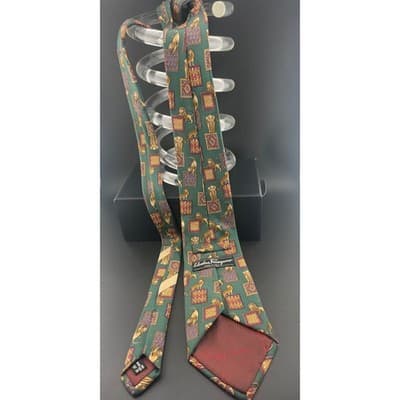 Salvatore Ferragamo Silk Tie Green Animal Print Lions Elephant Geometric Italy - Thumbnail 9