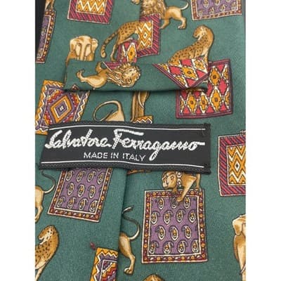 Salvatore Ferragamo Silk Tie Green Animal Print Lions Elephant Geometric Italy - Thumbnail 10