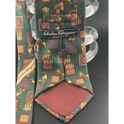 Salvatore Ferragamo Silk Tie Green Animal Print Lions Elephant Geometric Italy - Thumbnail 11