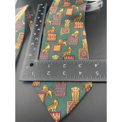 Salvatore Ferragamo Silk Tie Green Animal Print Lions Elephant Geometric Italy - Thumbnail 13