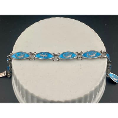 Vintage Siam Sterling Niello Enamel Bracelet Blue Panel Link Thailand teal - Thumbnail 6