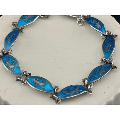 Vintage Siam Sterling Niello Enamel Bracelet Blue Panel Link Thailand teal - Thumbnail 3