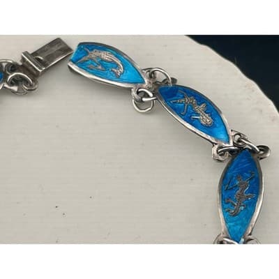 Vintage Siam Sterling Niello Enamel Bracelet Blue Panel Link Thailand teal - Thumbnail 2