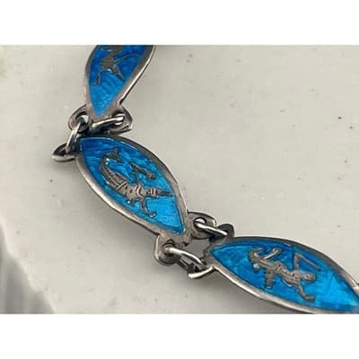 Vintage Siam Sterling Niello Enamel Bracelet Blue Panel Link Thailand teal - Thumbnail 4