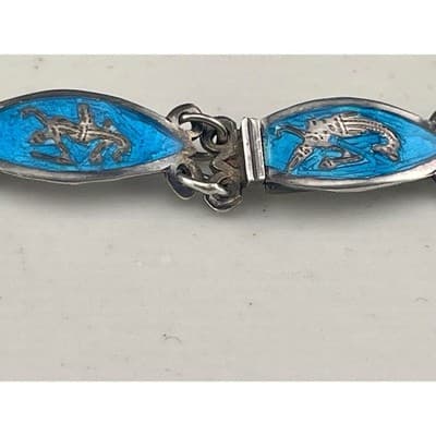 Vintage Siam Sterling Niello Enamel Bracelet Blue Panel Link Thailand teal - Thumbnail 5