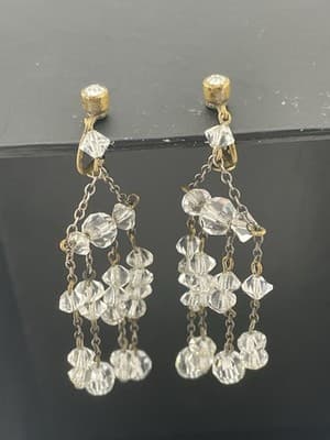 Vtg art Deco Crystal Dangle Screw back Earrings Chandelier Estate Jewelry 30s - Thumbnail 5