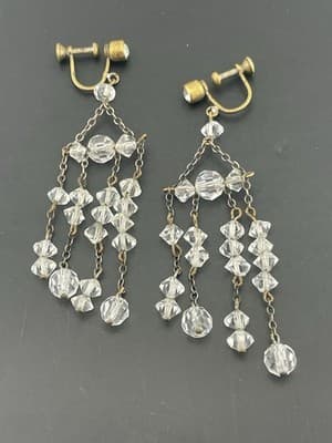 Vtg art Deco Crystal Dangle Screw back Earrings Chandelier Estate Jewelry 30s - Thumbnail 3