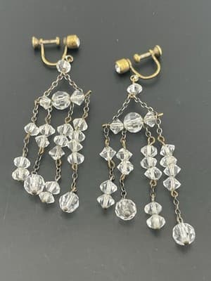 Vtg art Deco Crystal Dangle Screw back Earrings Chandelier Estate Jewelry 30s - Thumbnail 4