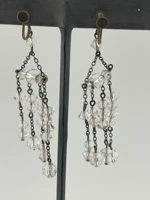 Vtg art Deco Crystal Dangle Screw back Earrings Chandelier Estate Jewelry 30s - Thumbnail 2