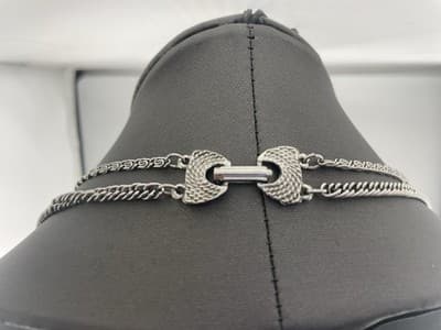 Vintage Goldette Etruscan Necklace Silver Tone Layered Pendant Multi Chain - Thumbnail 3