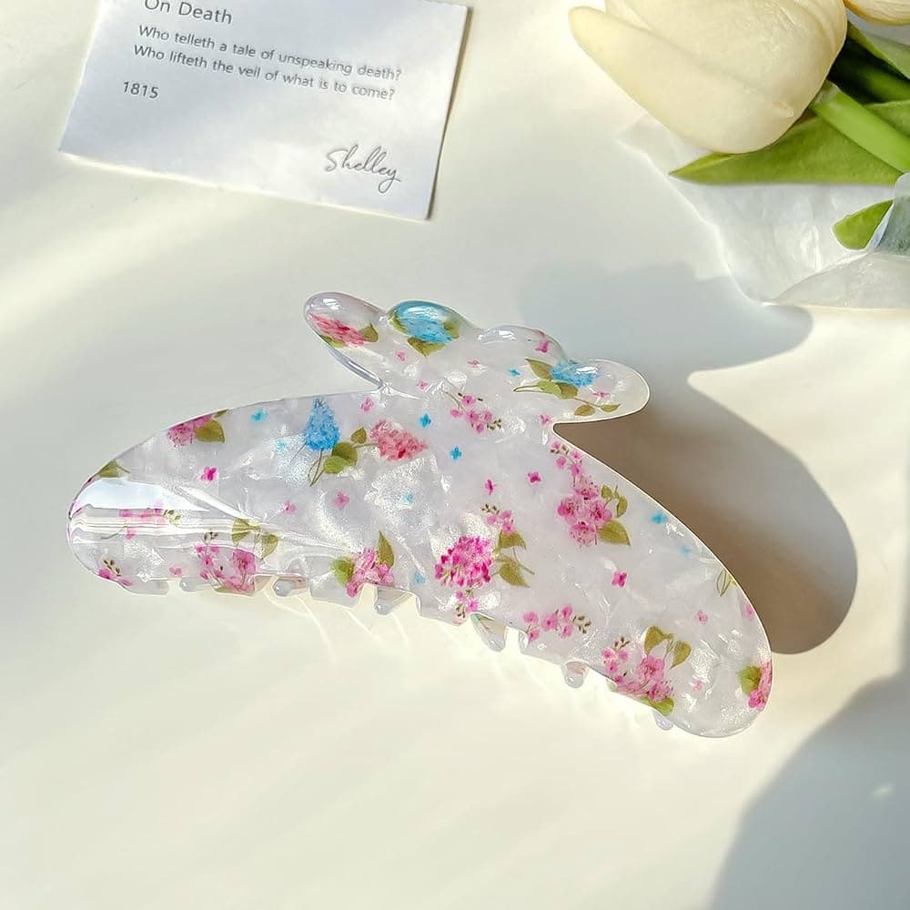 Easter Floral Print Claw Hair Clip - White/Pink: Fashion Accessory for All Hair Types, Plastic & Steel, Solid Pattern - Thumbnail 3