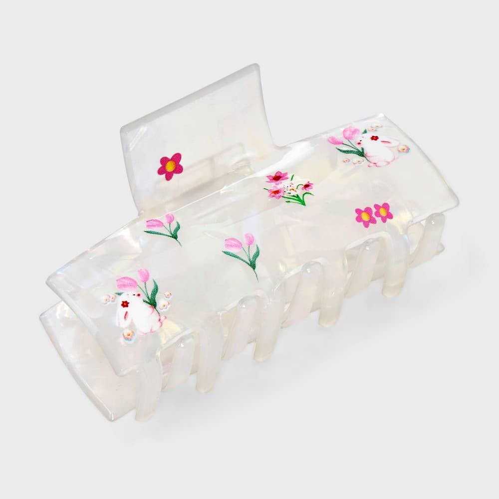 Easter Floral Print Claw Hair Clip - White/Pink: Fashion Accessory for All Hair Types, Plastic & Steel, Solid Pattern - Thumbnail 2