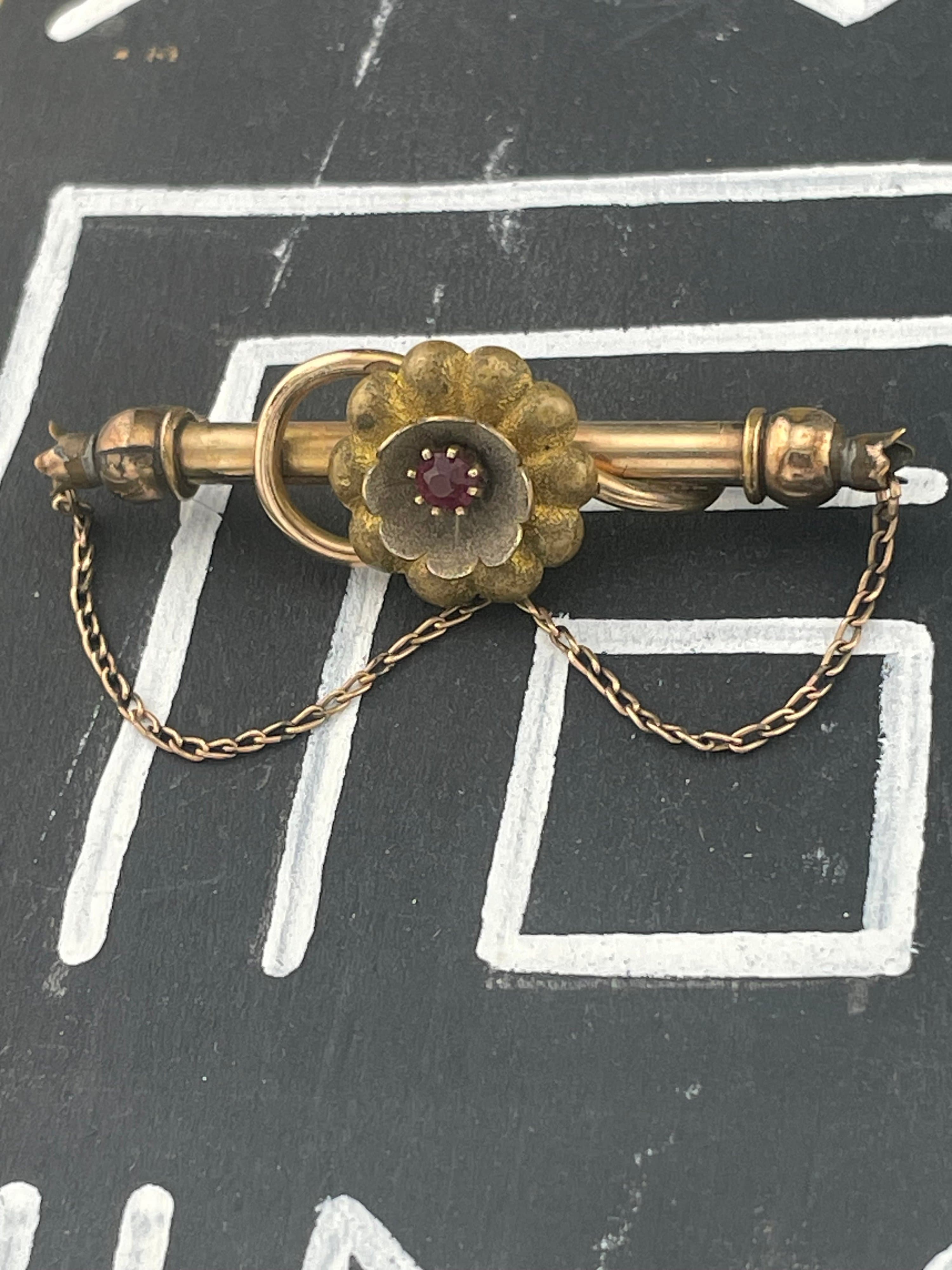 Antique Victorian Gold Filled Bar Brooch Red Paste Flower Draped Swag Chain - Thumbnail 2