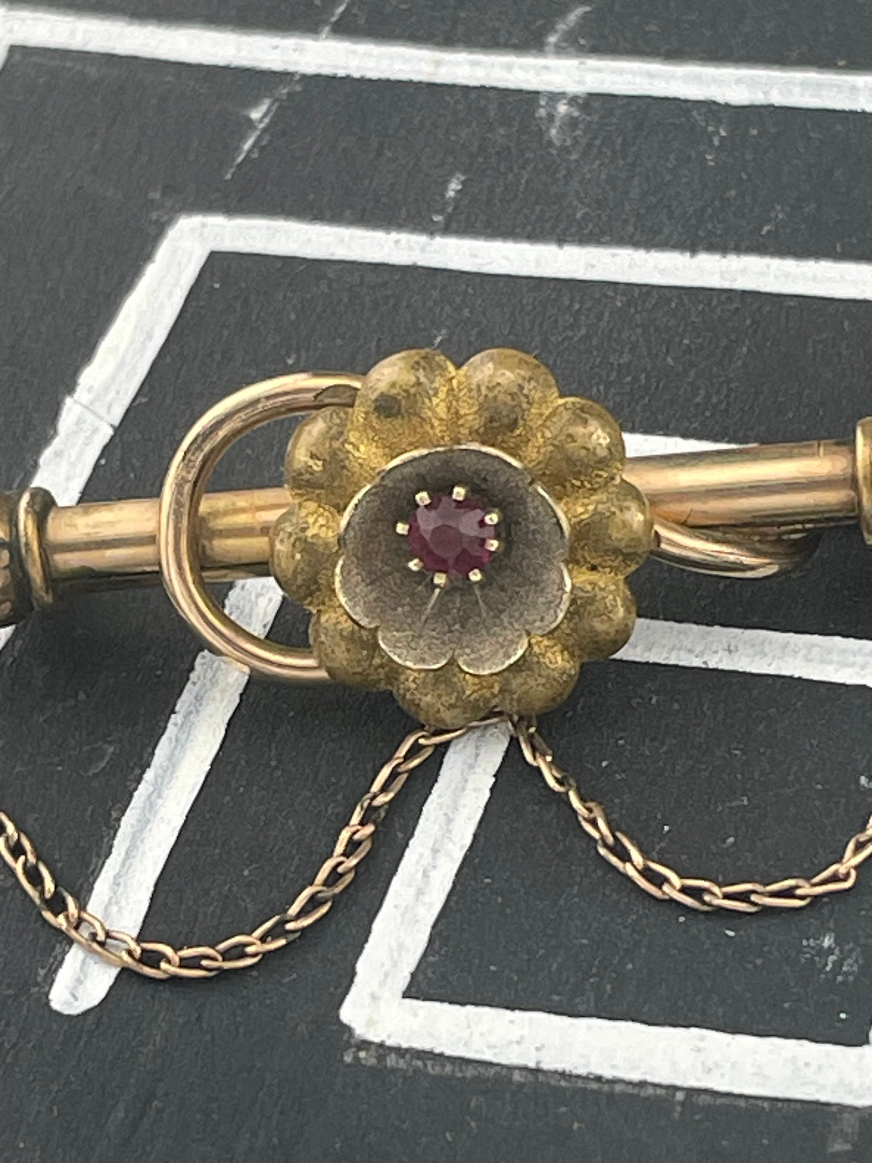 Antique Victorian Gold Filled Bar Brooch Red Paste Flower Draped Swag Chain - Thumbnail 3