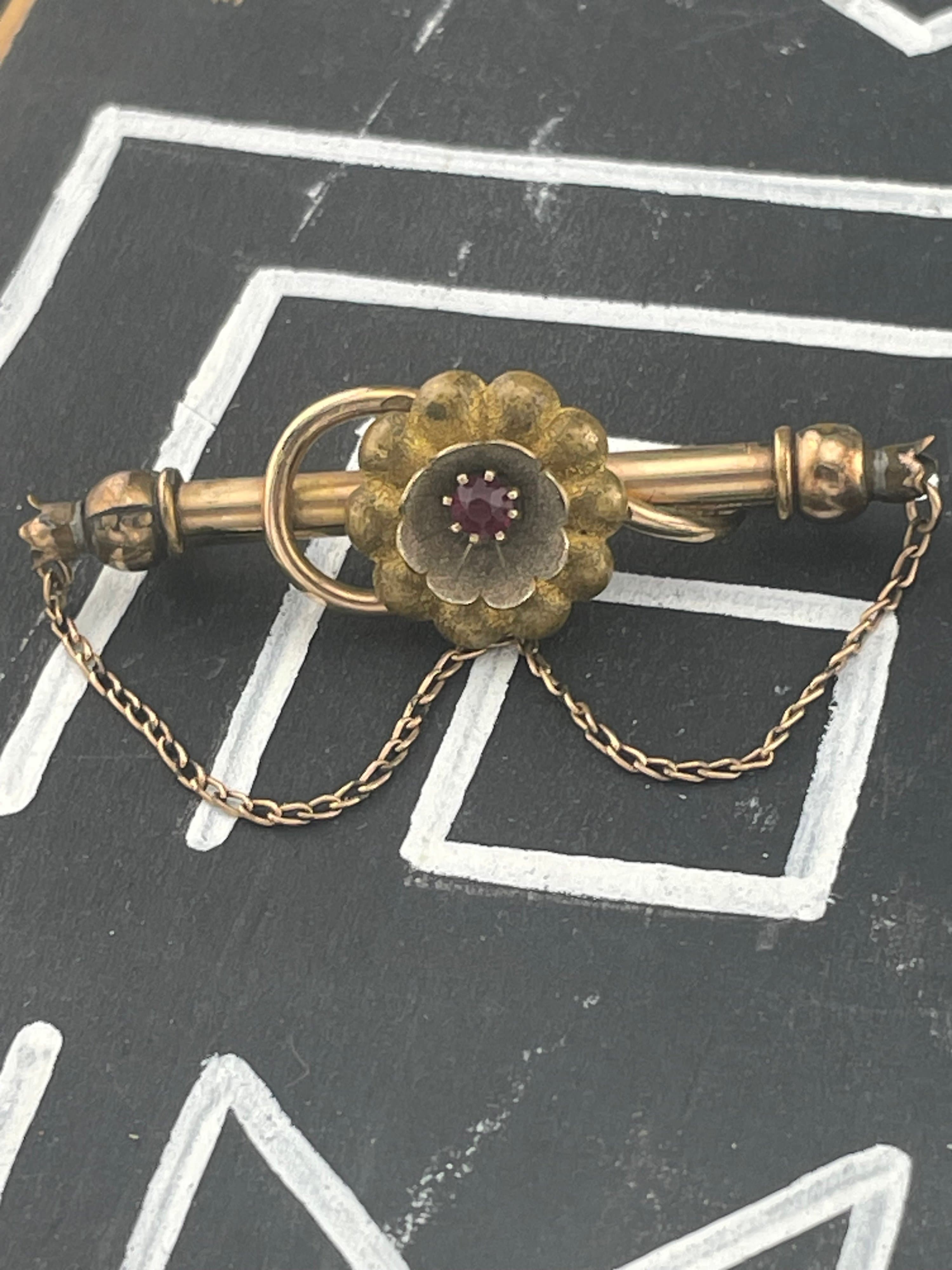 Antique Victorian Gold Filled Bar Brooch Red Paste Flower Draped Swag Chain - Thumbnail 5