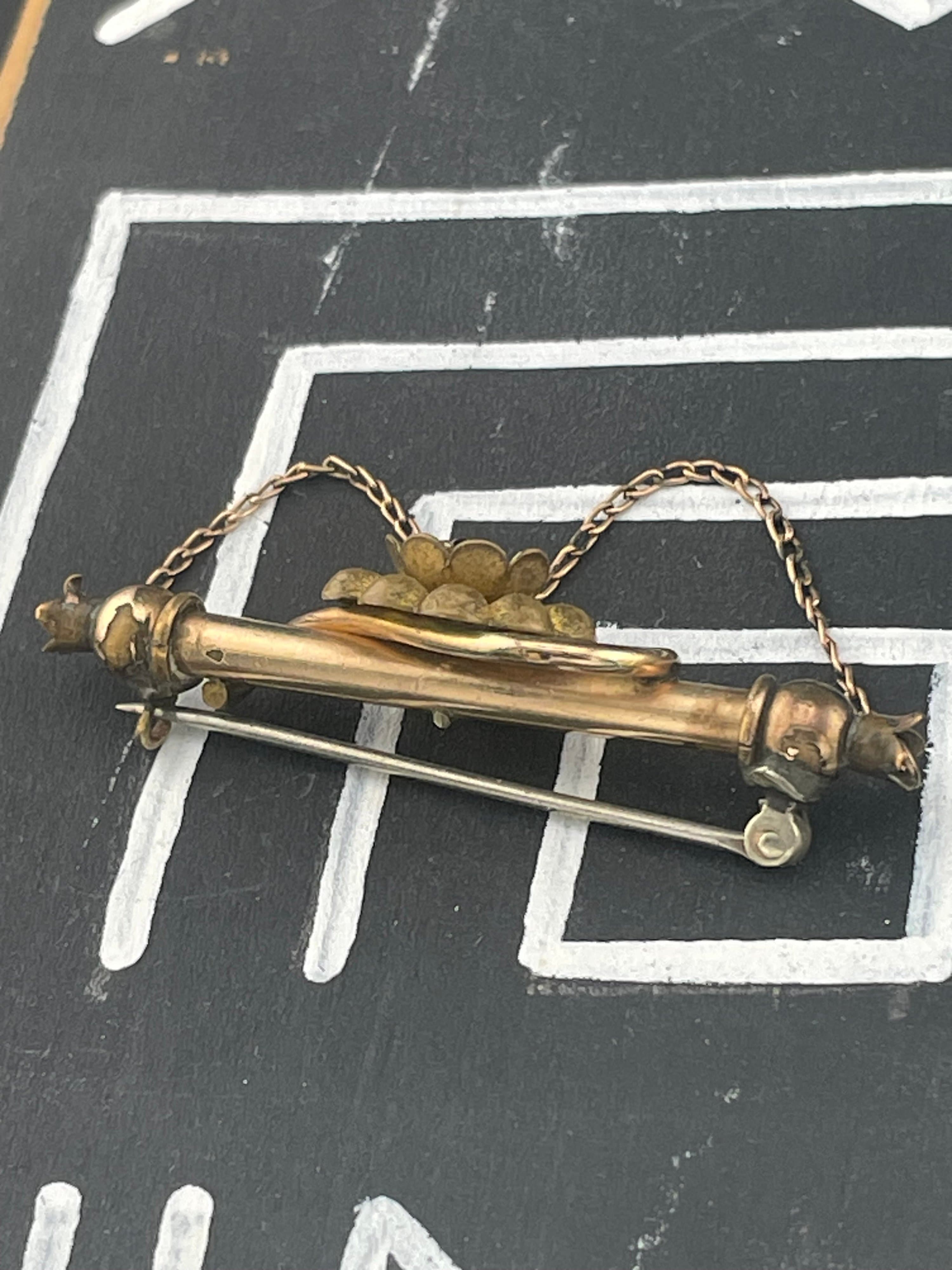 Antique Victorian Gold Filled Bar Brooch Red Paste Flower Draped Swag Chain - Thumbnail 6