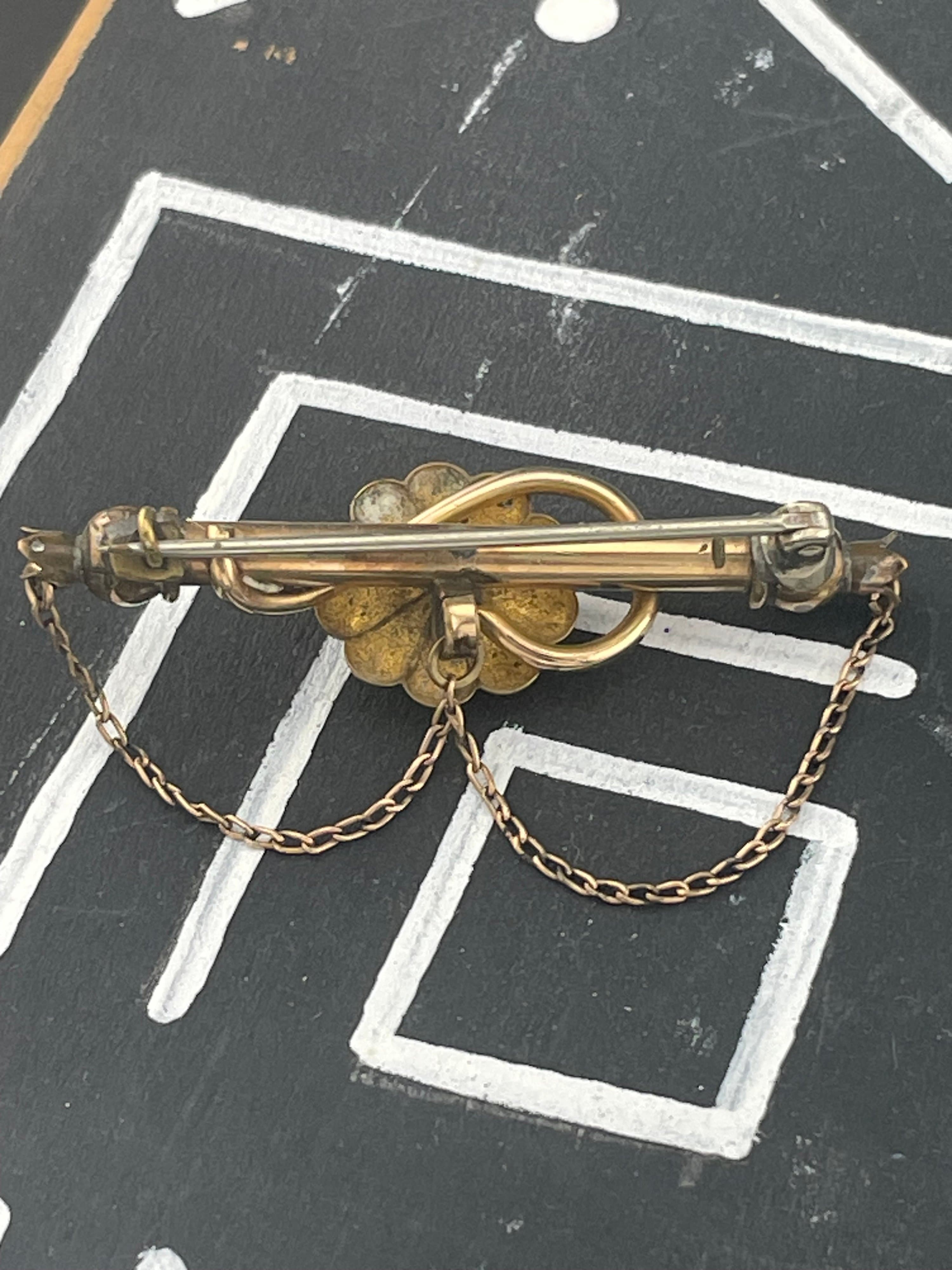 Antique Victorian Gold Filled Bar Brooch Red Paste Flower Draped Swag Chain - Thumbnail 7