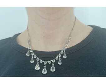 Antique Art Deco Crystal Festoon Necklace GF Open Back Teardrop Dangles Bridal - Thumbnail 2