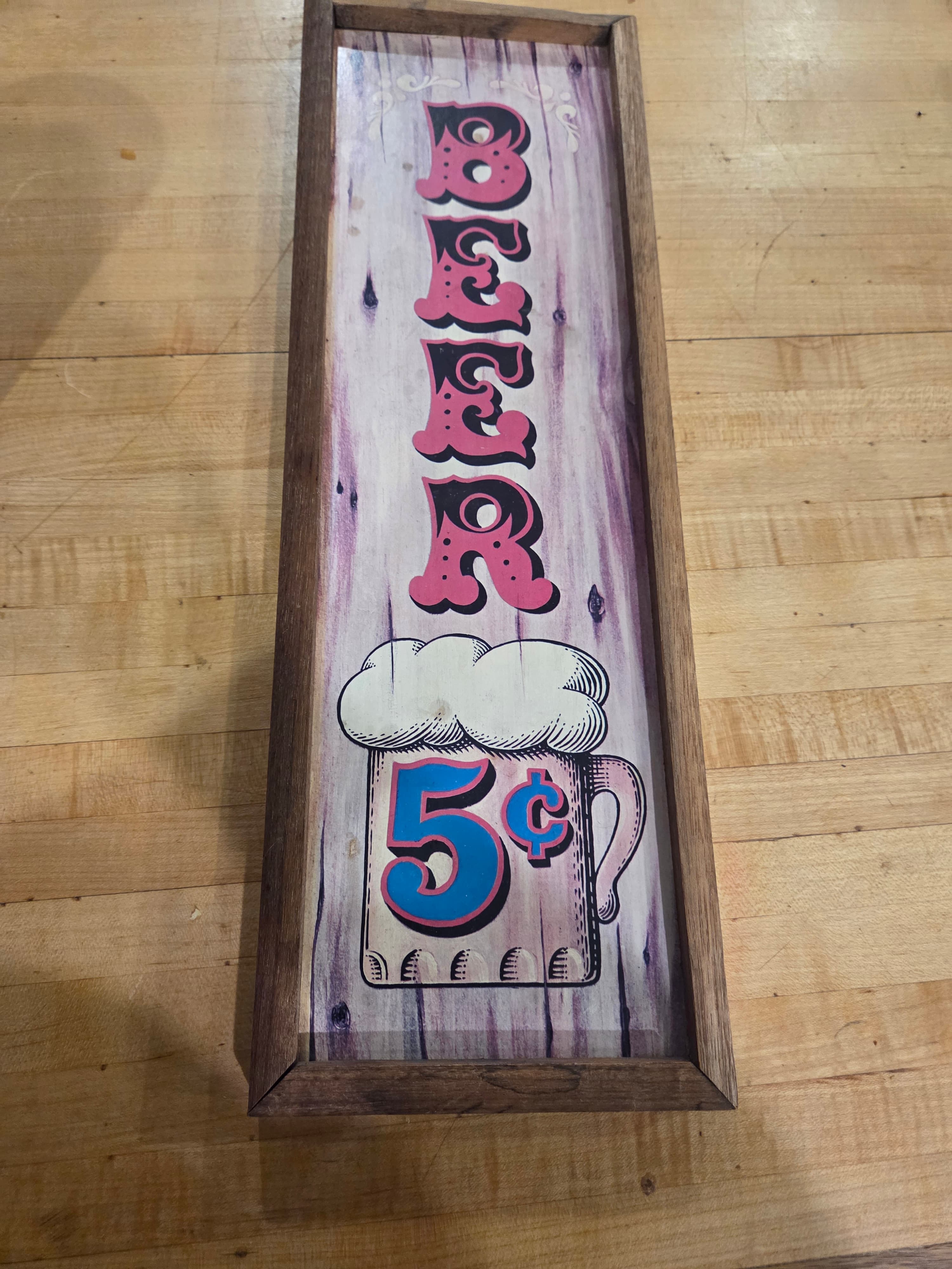 Vintage 1973 Wallace Berrie Americana Beer 5 Cents Retro Wood Sign 18.5"
