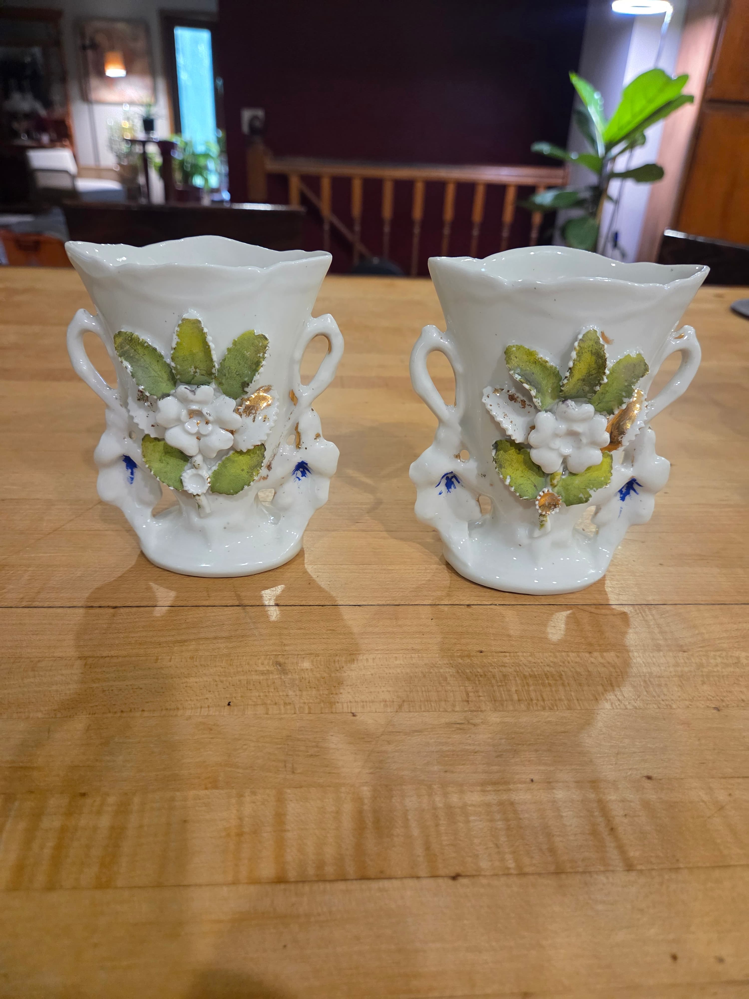 Antique German Porcelain Hand Applied Floral Spill Vases Pair As Is