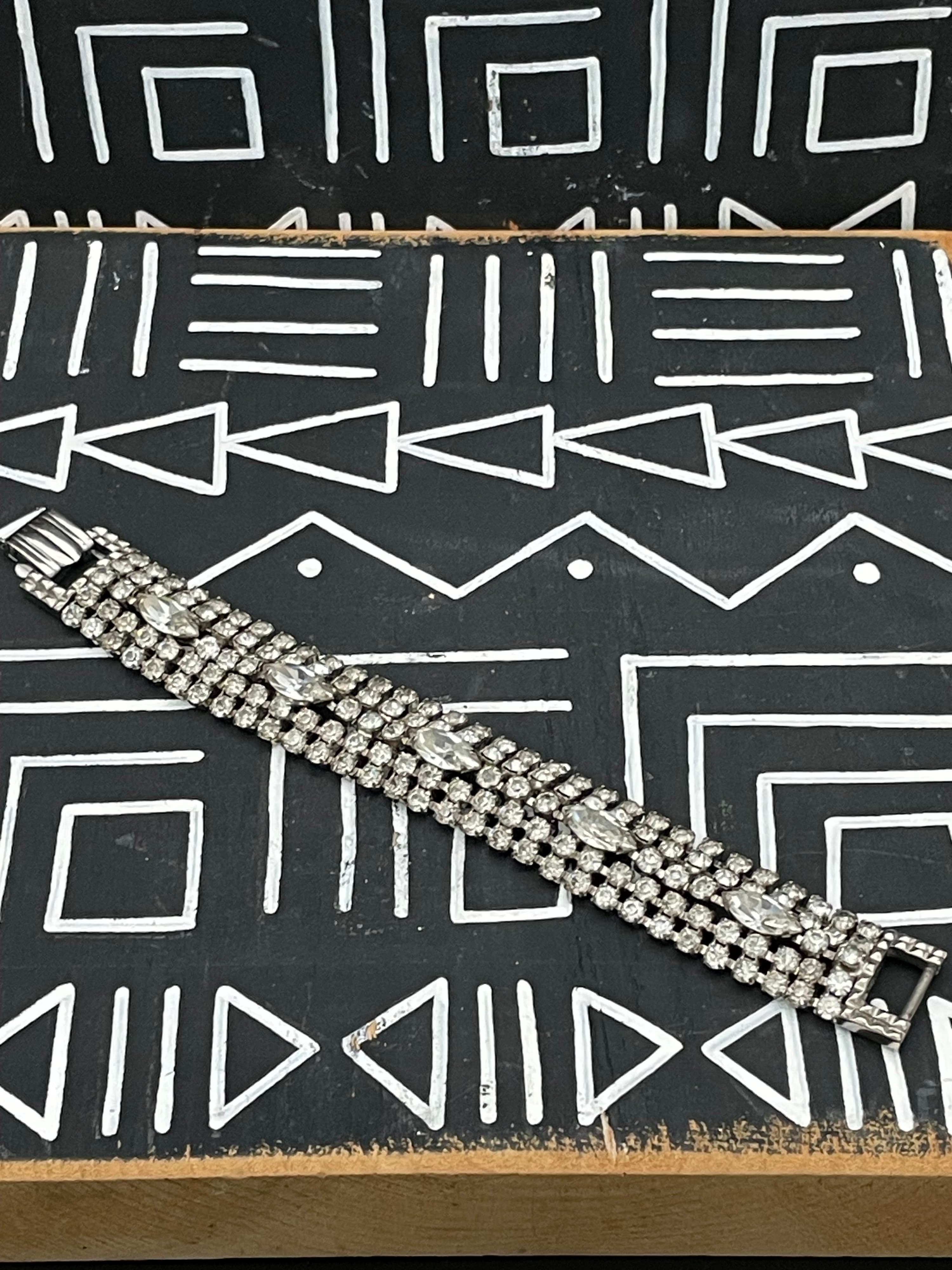 Vintage Wide Rhinestone Bracelet Silver Tone Navette Crystal Statement Bracelet - Thumbnail 6