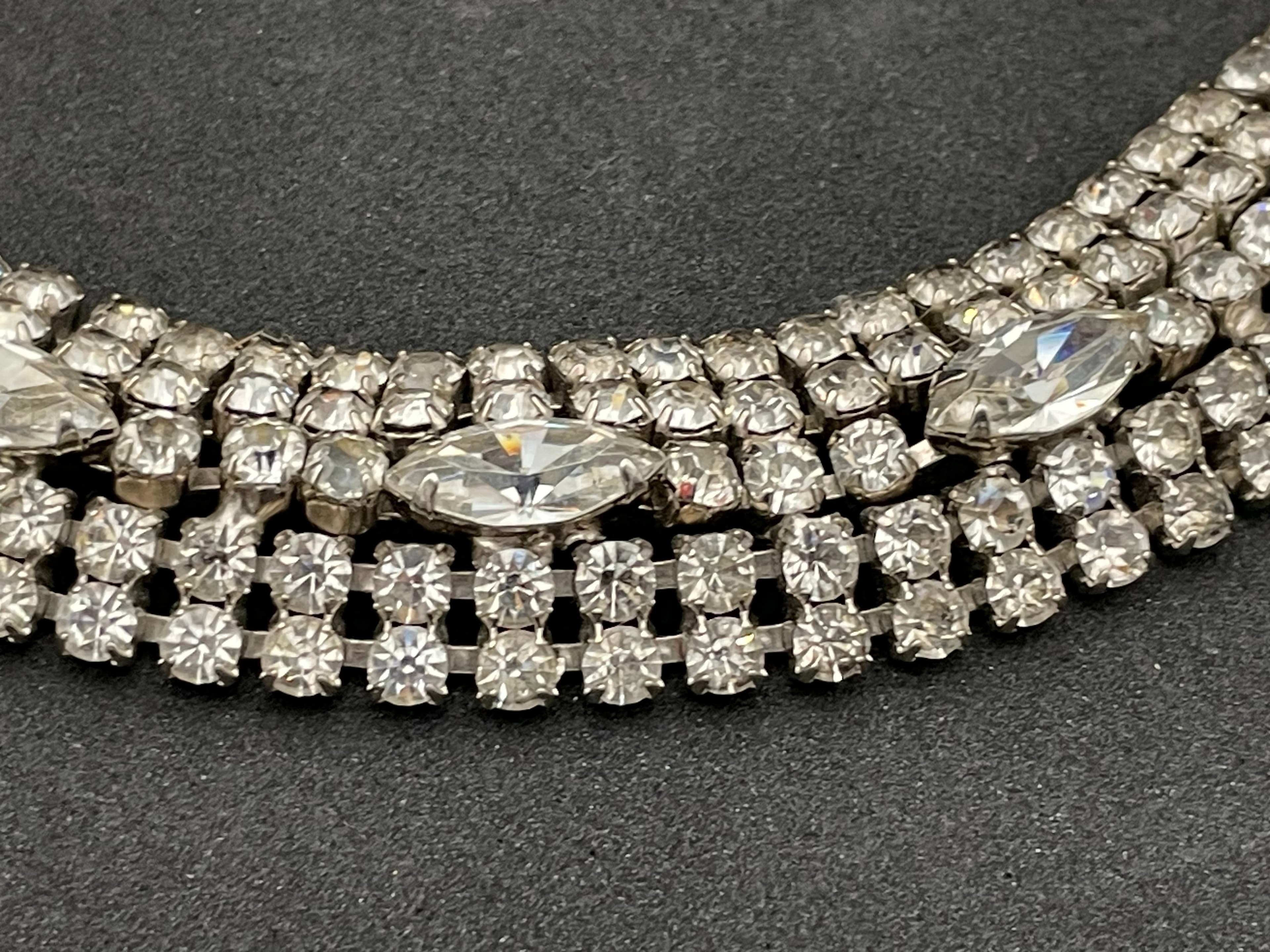 Vintage Wide Rhinestone Bracelet Silver Tone Navette Crystal Statement Bracelet - Thumbnail 8