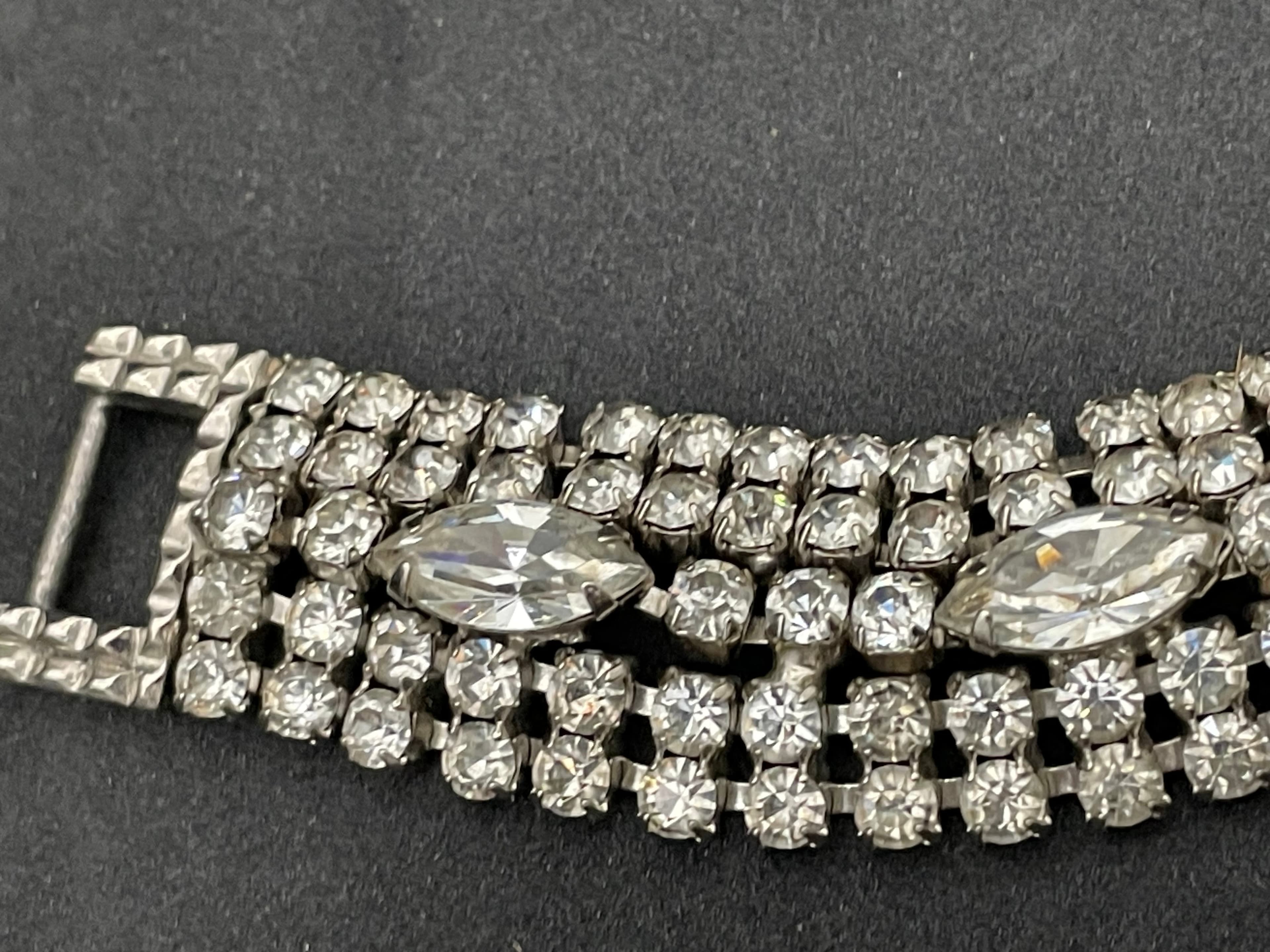 Vintage Wide Rhinestone Bracelet Silver Tone Navette Crystal Statement Bracelet - Thumbnail 9