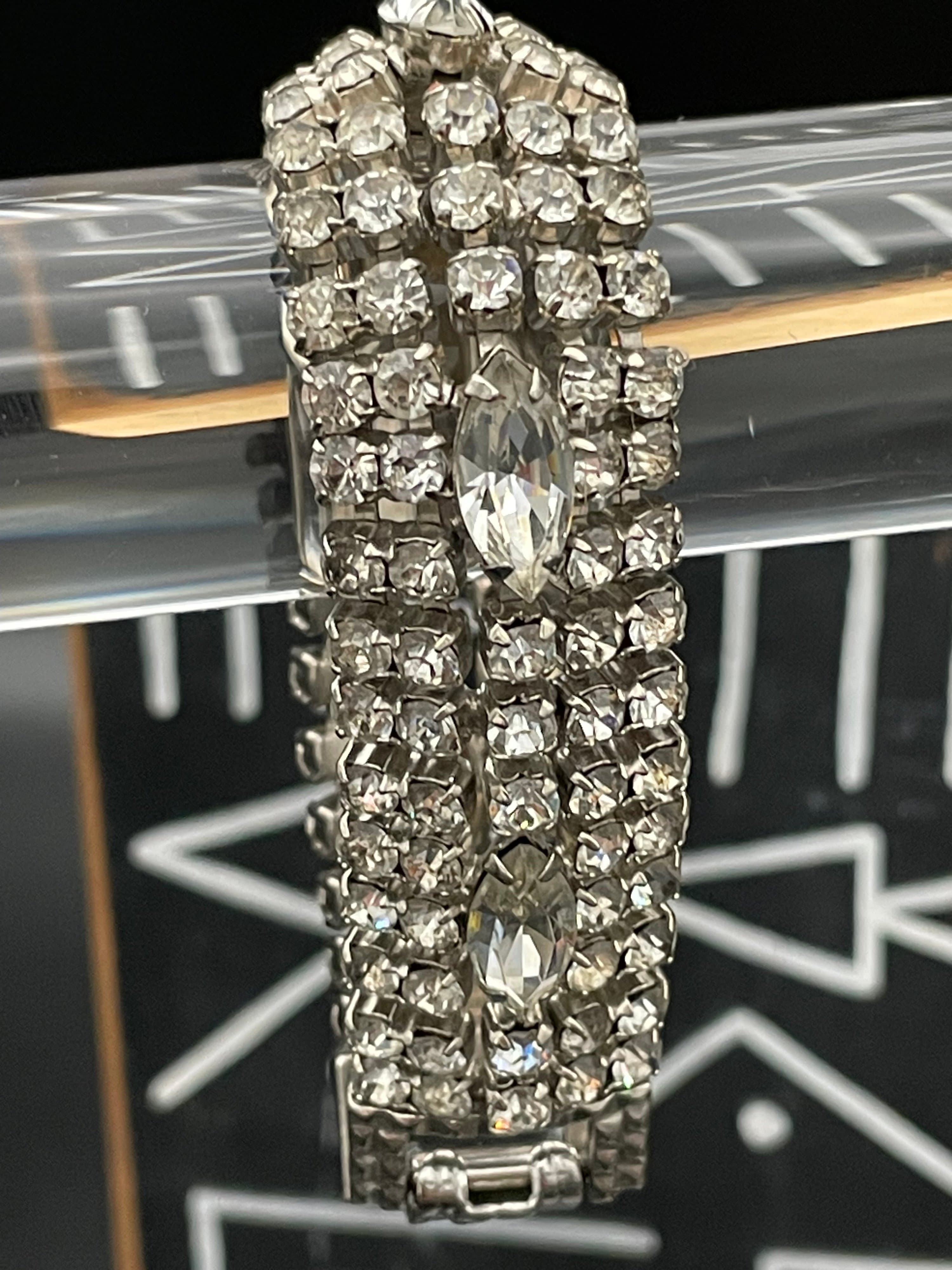 Vintage Wide Rhinestone Bracelet Silver Tone Navette Crystal Statement Bracelet - Thumbnail 2