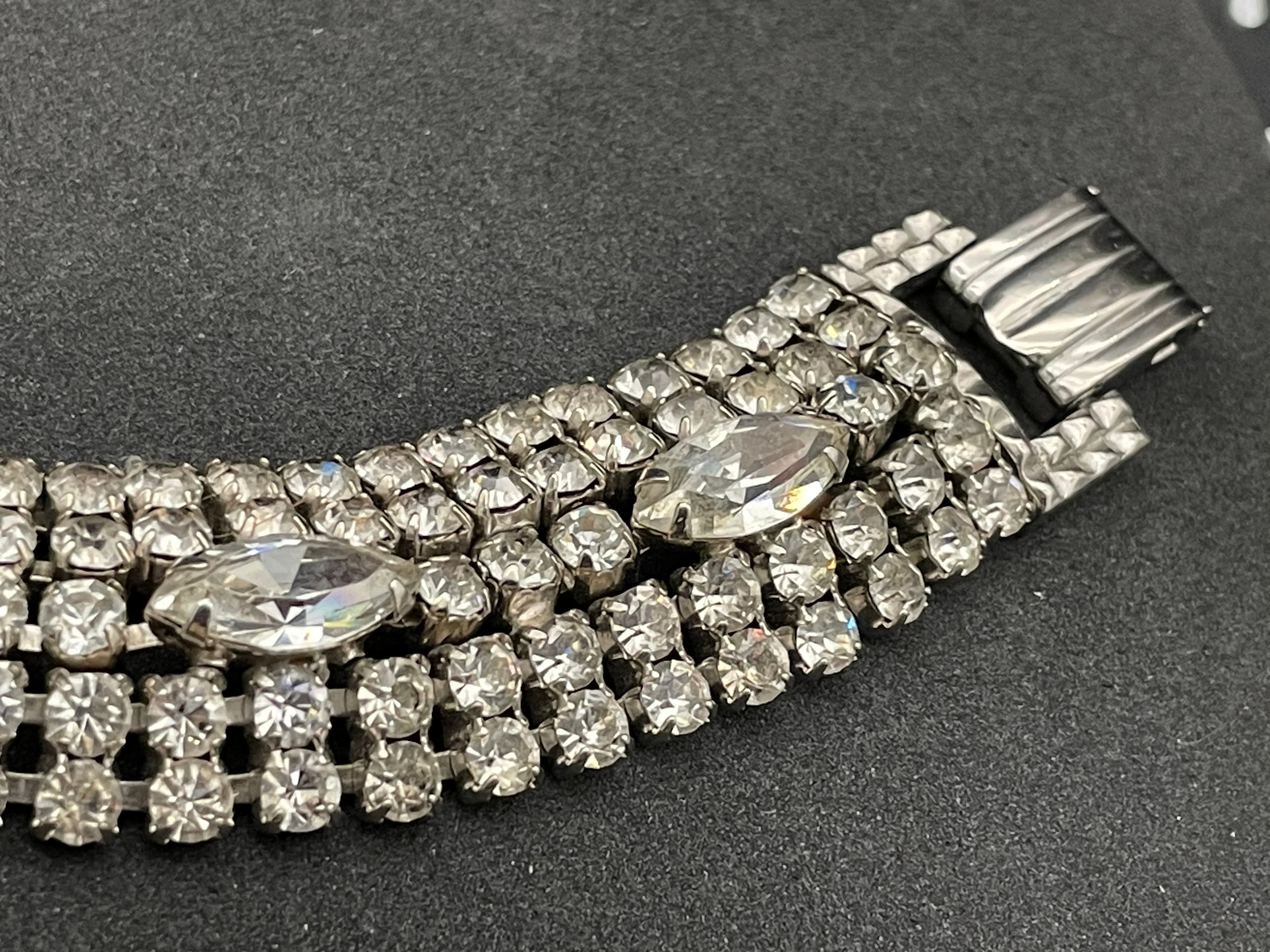 Vintage Wide Rhinestone Bracelet Silver Tone Navette Crystal Statement Bracelet - Thumbnail 10