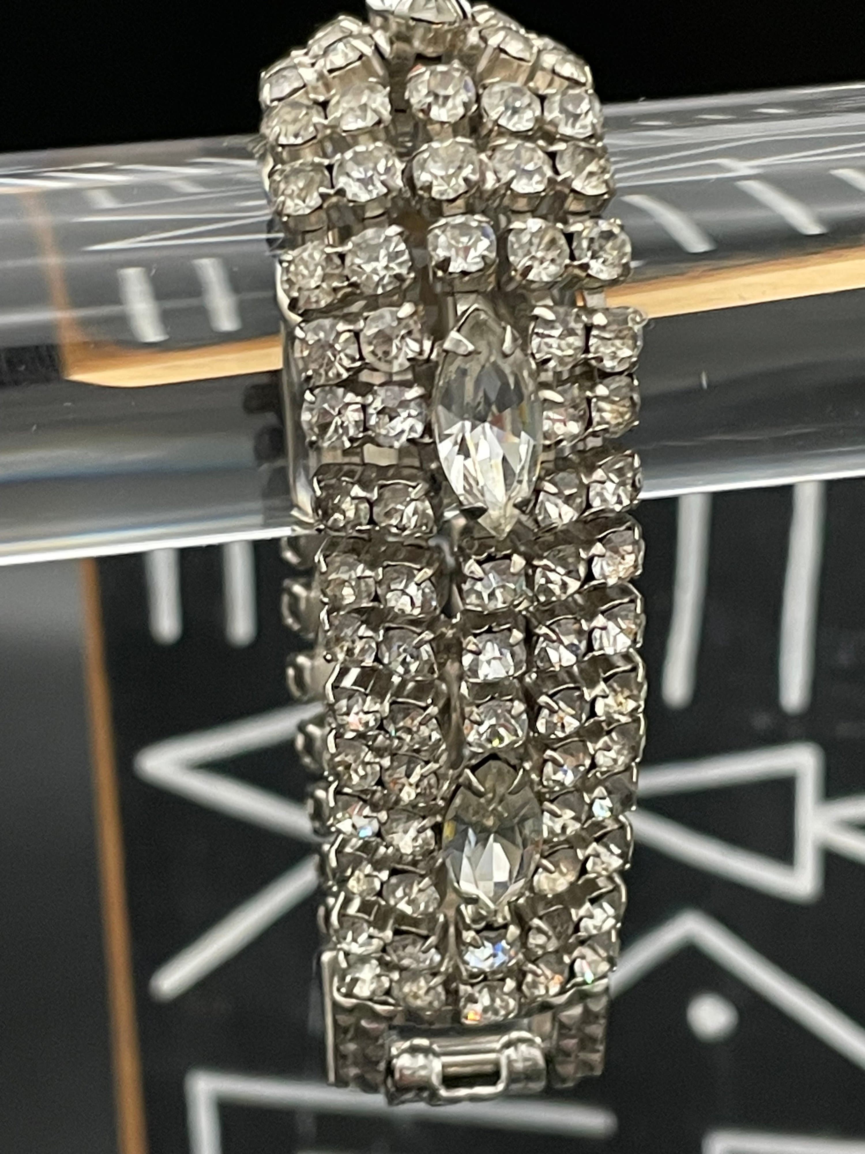 Vintage Wide Rhinestone Bracelet Silver Tone Navette Crystal Statement Bracelet - Thumbnail 3