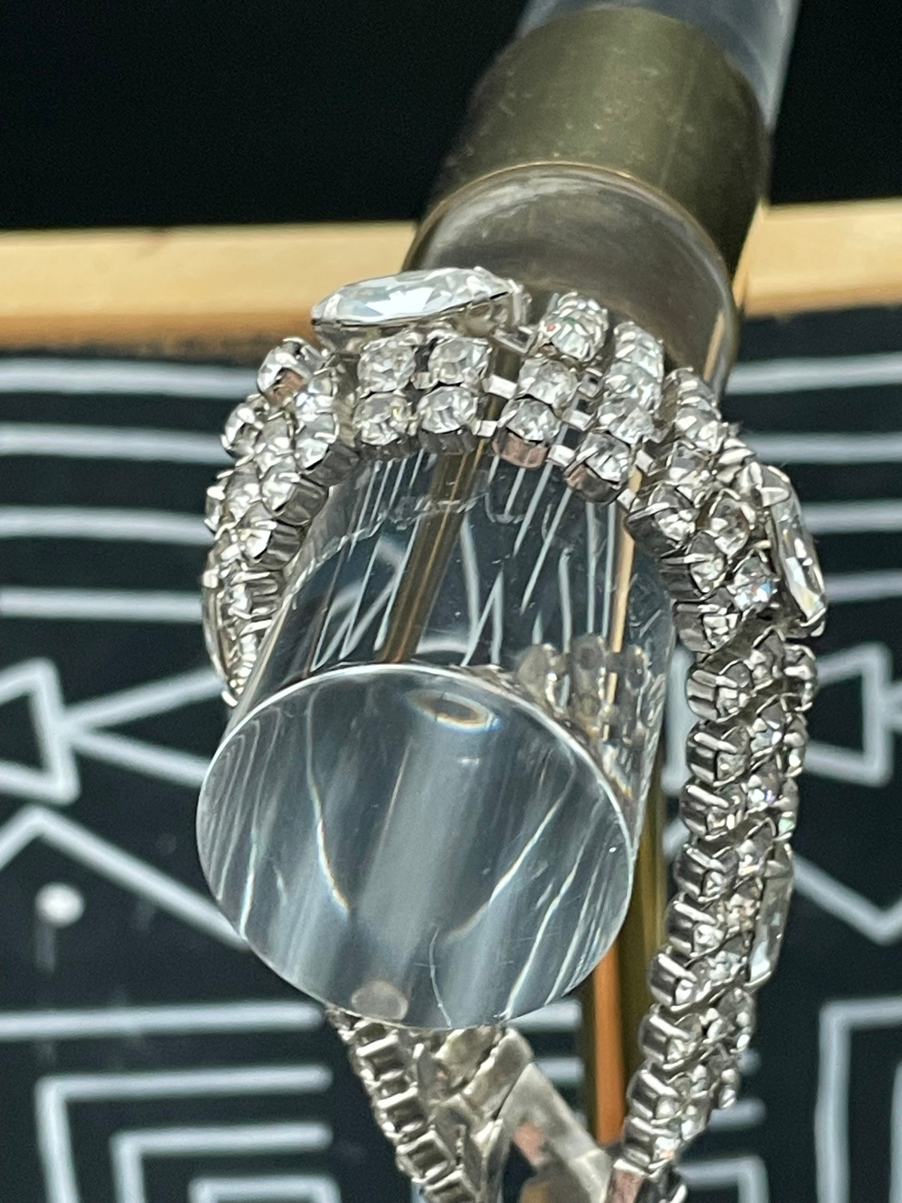 Vintage Wide Rhinestone Bracelet Silver Tone Navette Crystal Statement Bracelet - Thumbnail 4