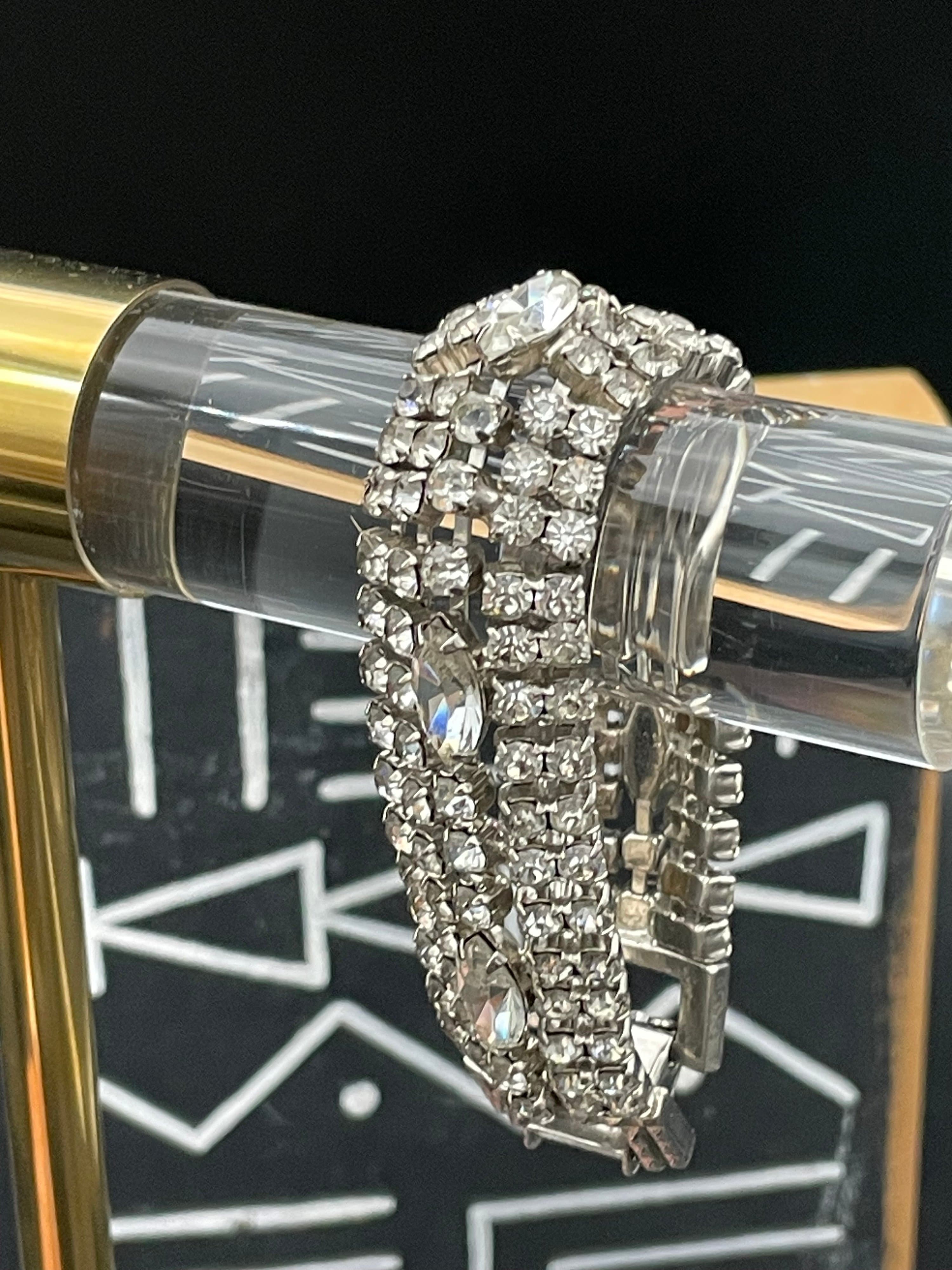 Vintage Wide Rhinestone Bracelet Silver Tone Navette Crystal Statement Bracelet