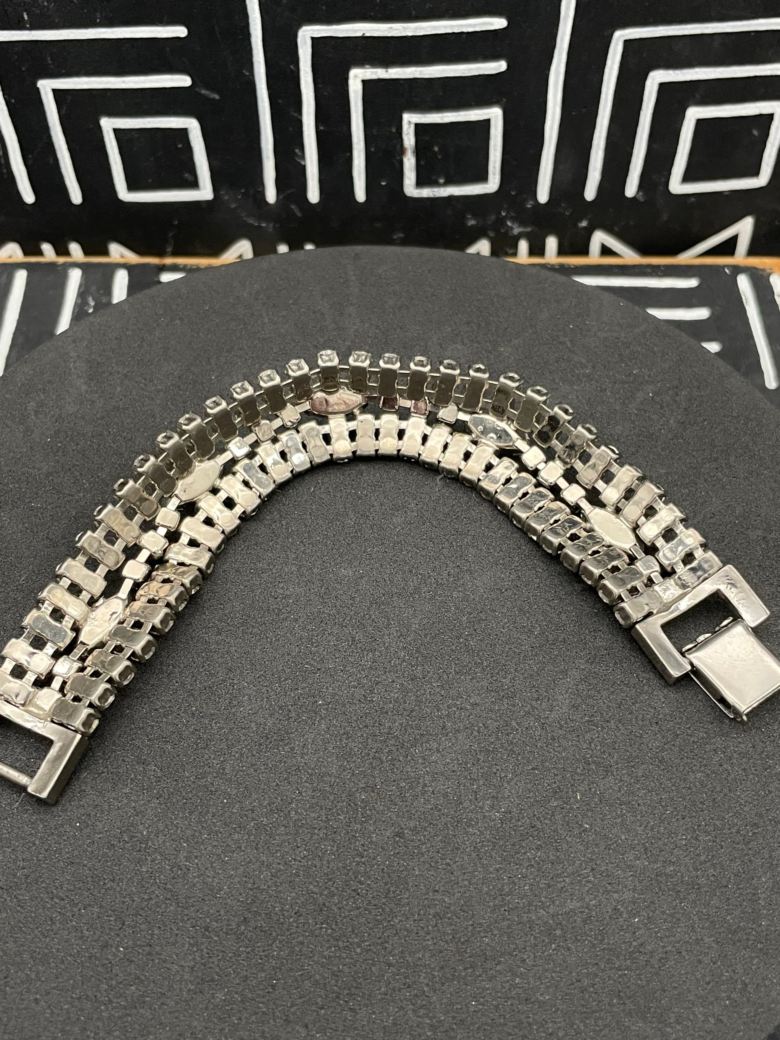 Vintage Wide Rhinestone Bracelet Silver Tone Navette Crystal Statement Bracelet - Thumbnail 13