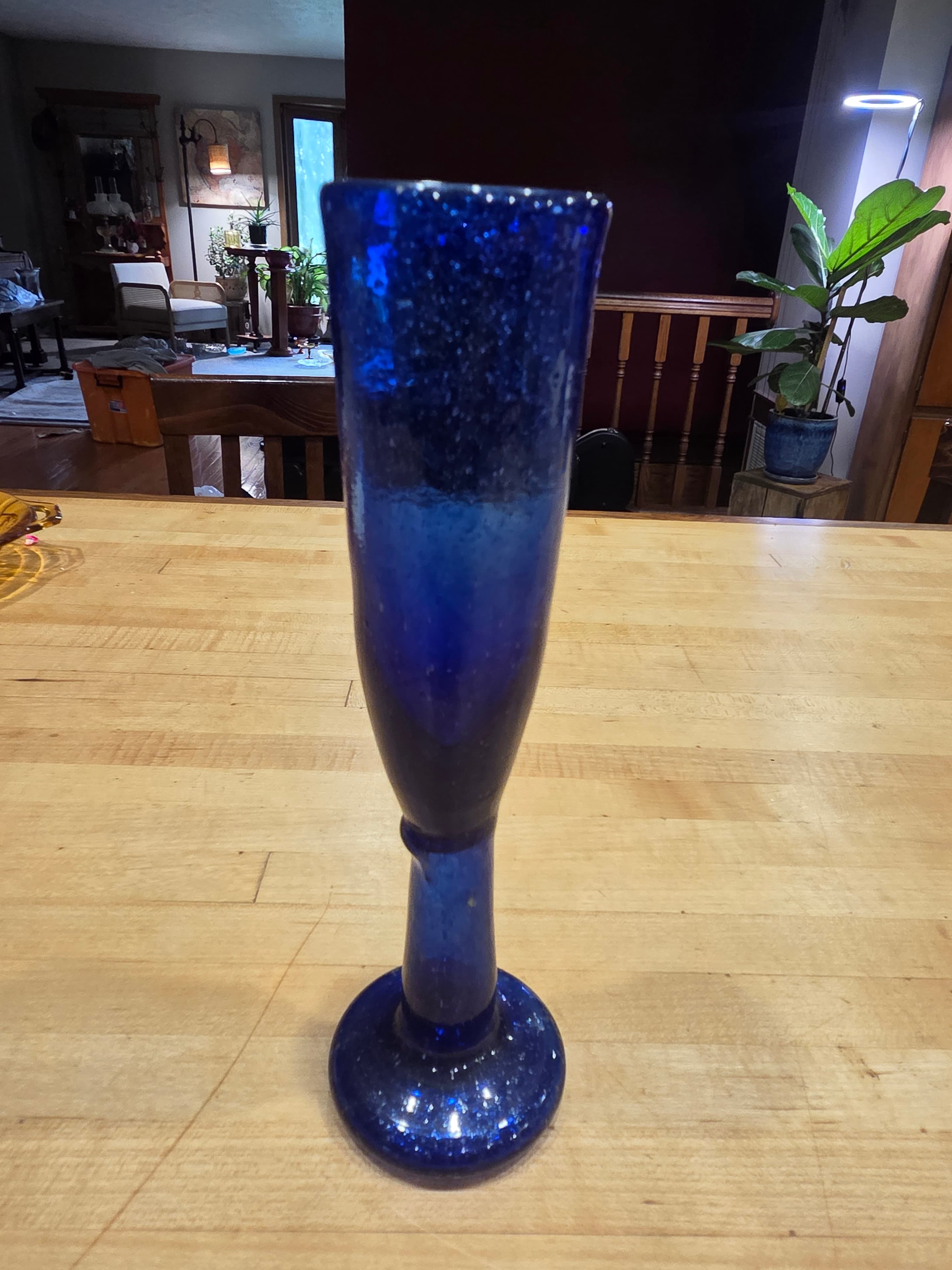 Vintage MCM Cobalt Blue Controlled Bubble Art Glass Footed Vase