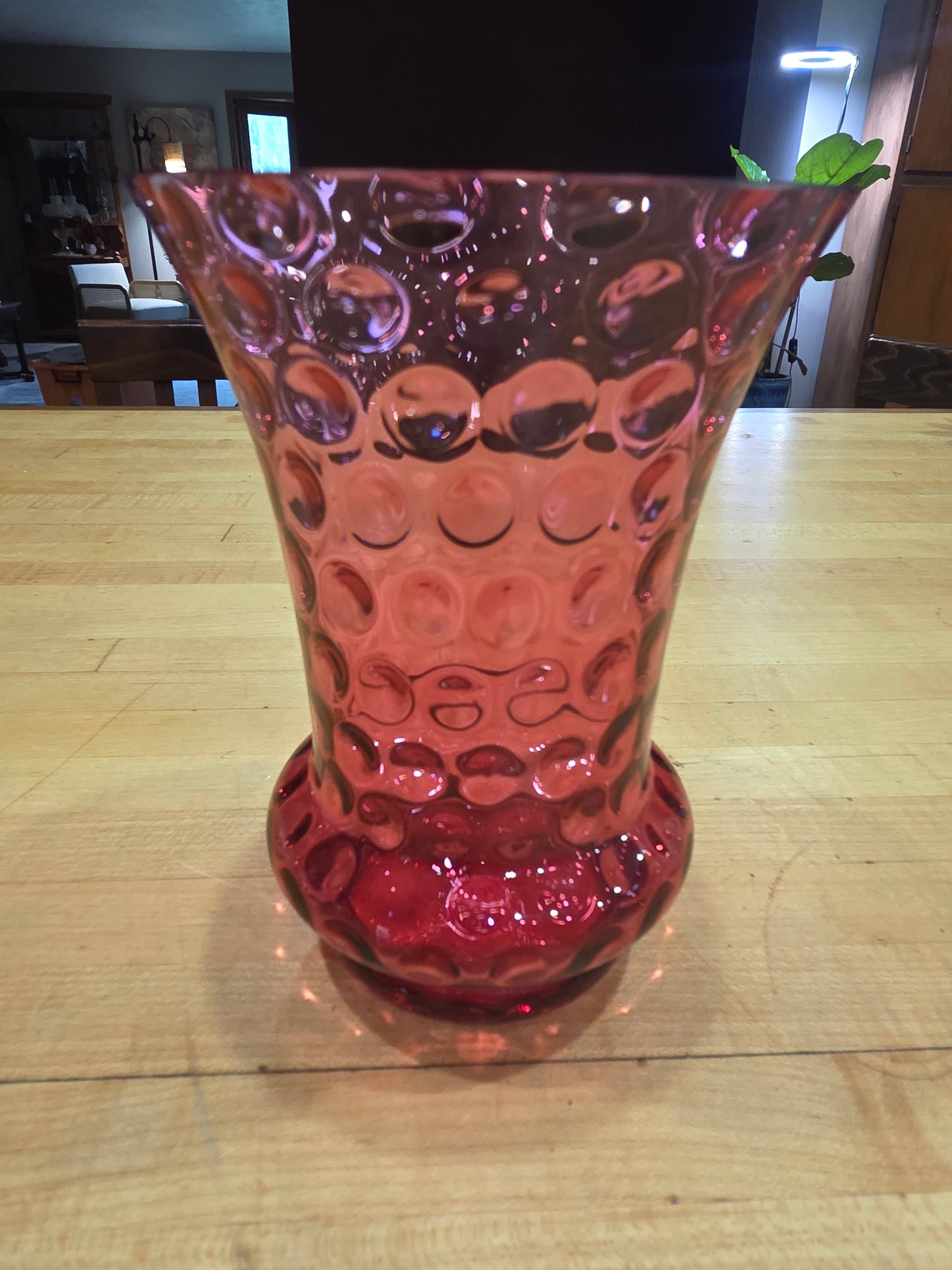 Vintage Fenton Cranberry Glass Coin Dot Flared Bulge Base Vase - Thumbnail 2