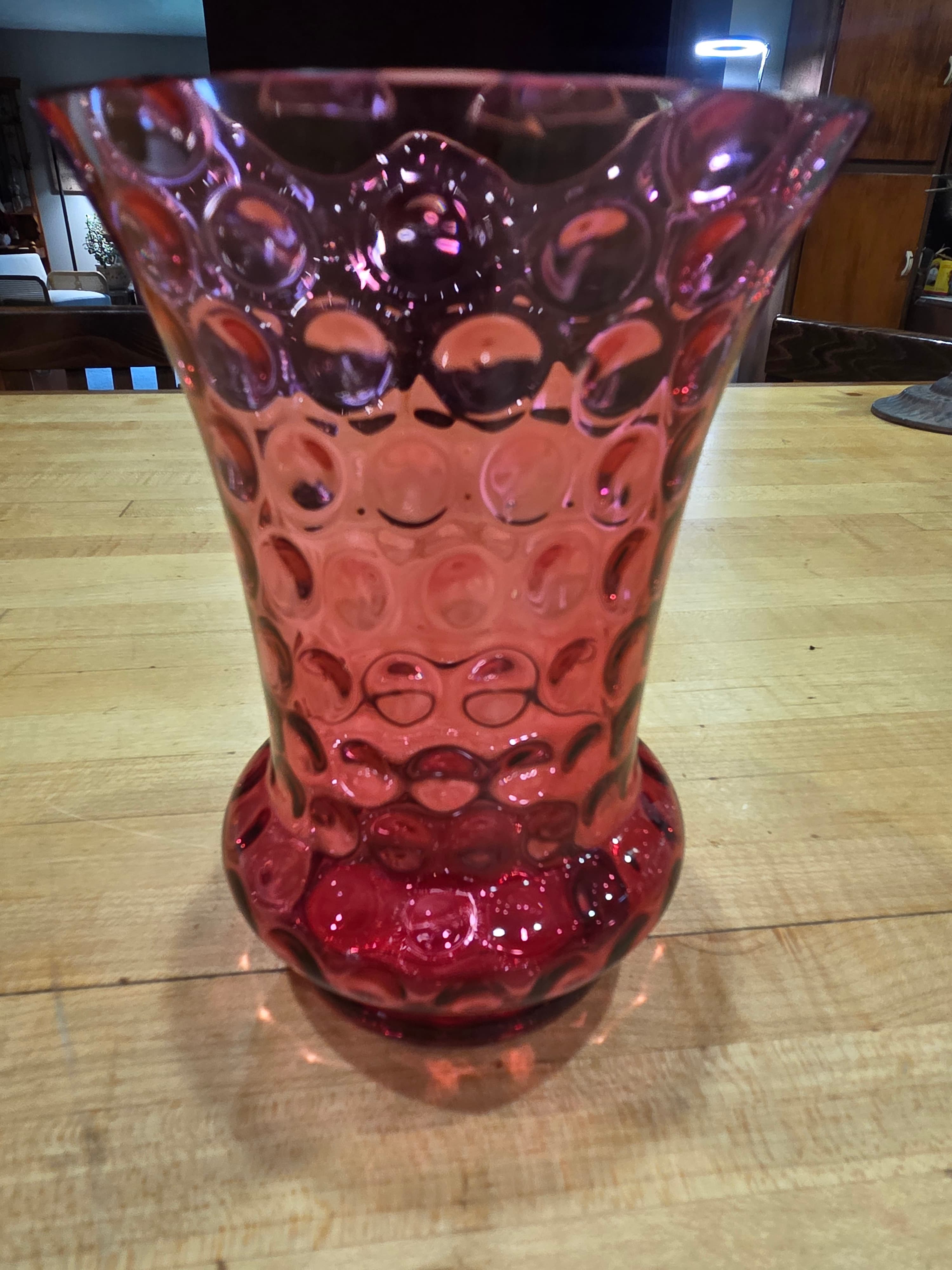 Vintage Fenton Cranberry Glass Coin Dot Flared Bulge Base Vase - Thumbnail 3